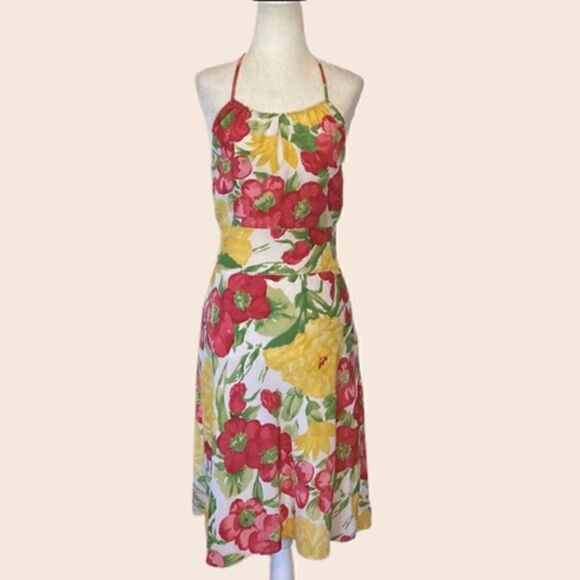 Ann Taylor LOFT Red & Yellow Floral Halter Tea Dress Size 0 (Runs Big) - Picture 1 of 11